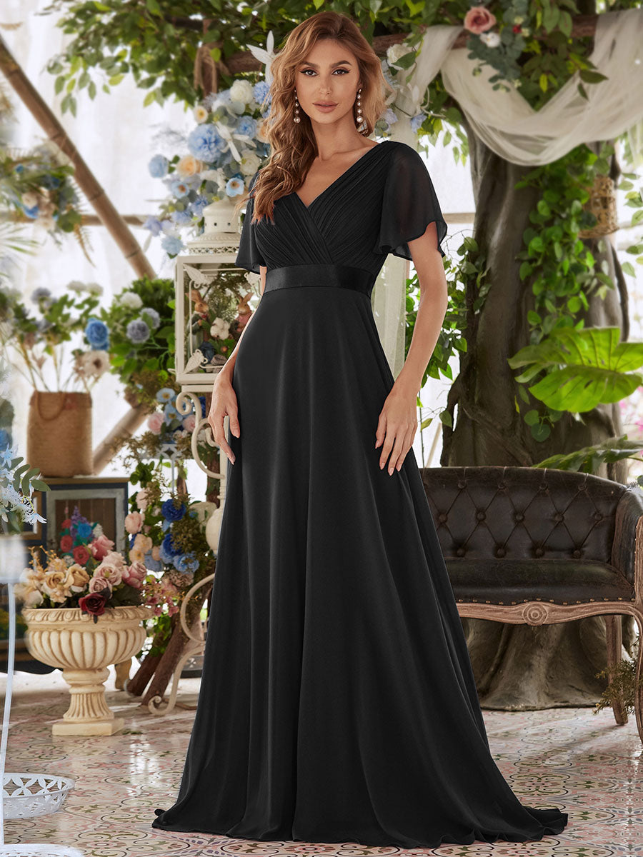 Color=Black | Commercial Wholesale Short Sleeve Ruffle V-Neck Pleated A-Line Floor Length Bridesmaid Dresses-Black 1