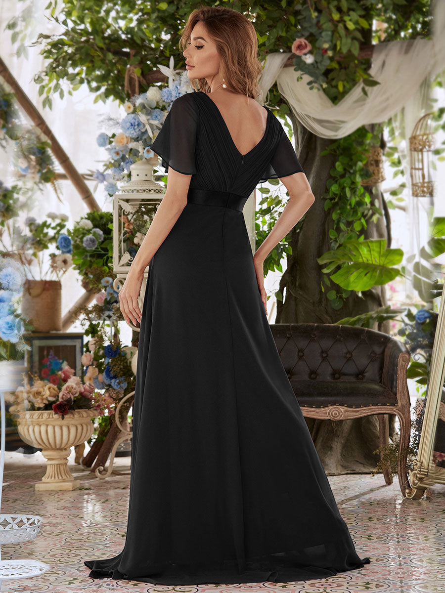 Color=Black | Commercial Wholesale Short Sleeve Ruffle V-Neck Pleated A-Line Floor Length Bridesmaid Dresses-Black 2