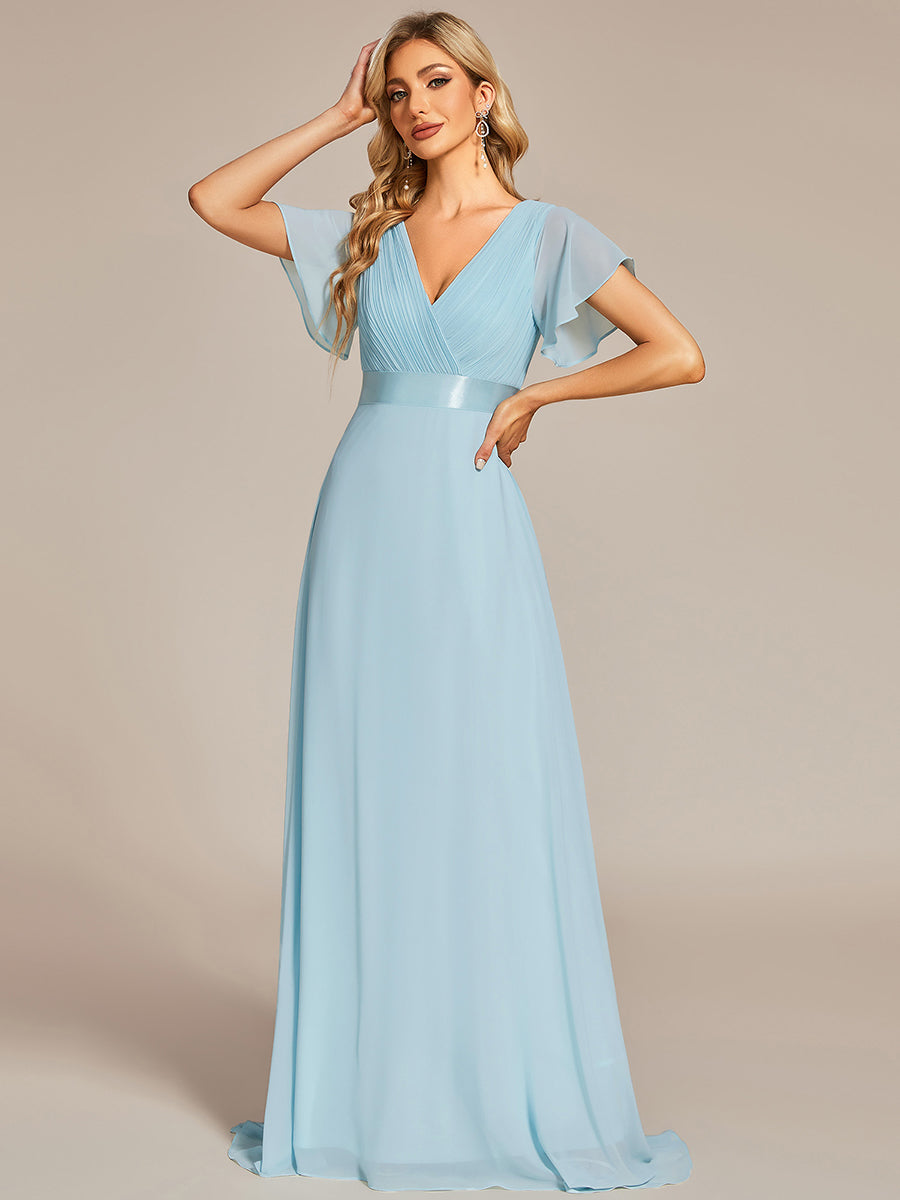 Color=Light Blue | Commercial Wholesale Short Sleeve Ruffle V-Neck Pleated A-Line Floor Length Bridesmaid Dresses-Light Blue 4