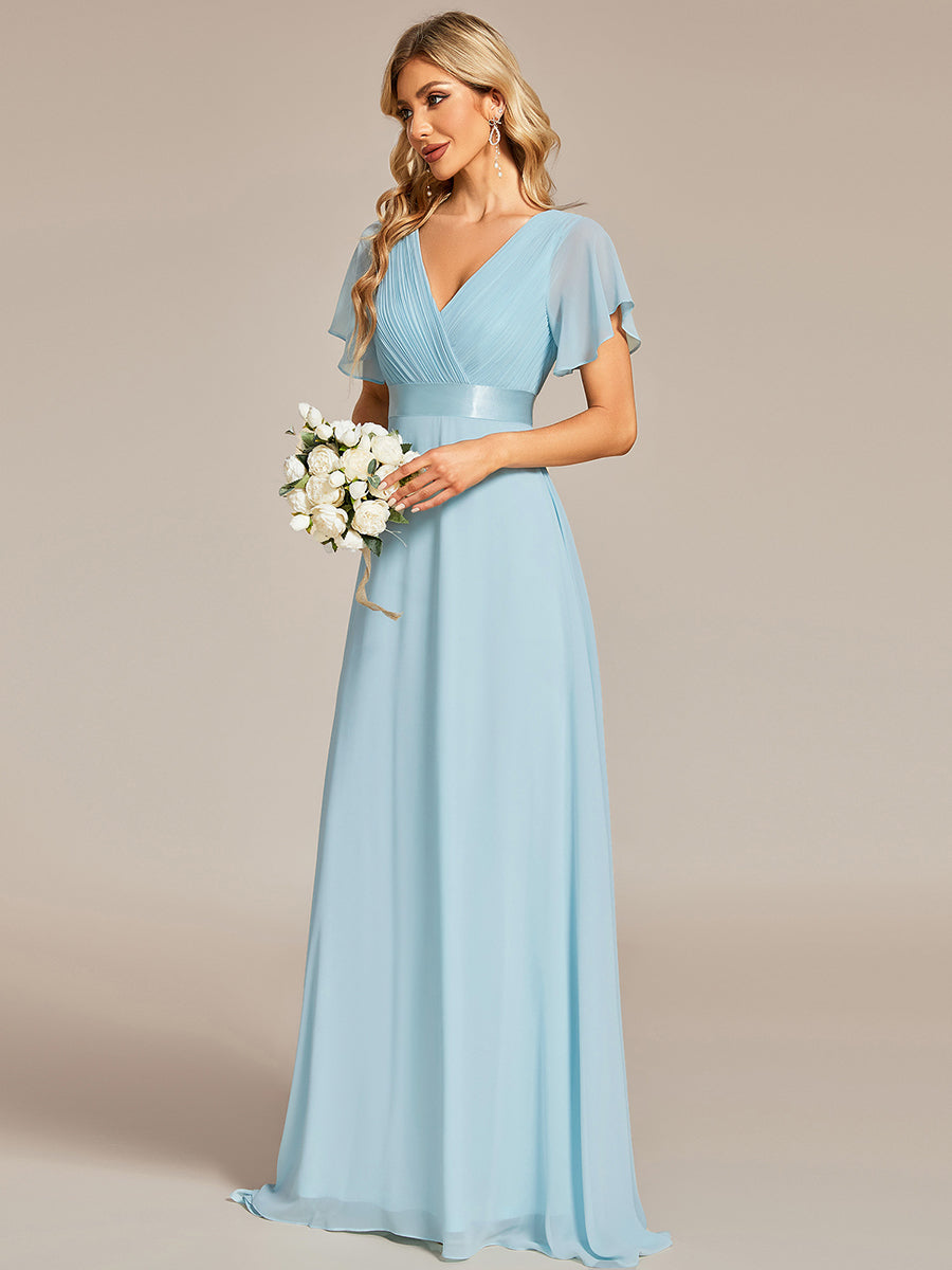Color=Light Blue | Commercial Wholesale Short Sleeve Ruffle V-Neck Pleated A-Line Floor Length Bridesmaid Dresses-Light Blue 5