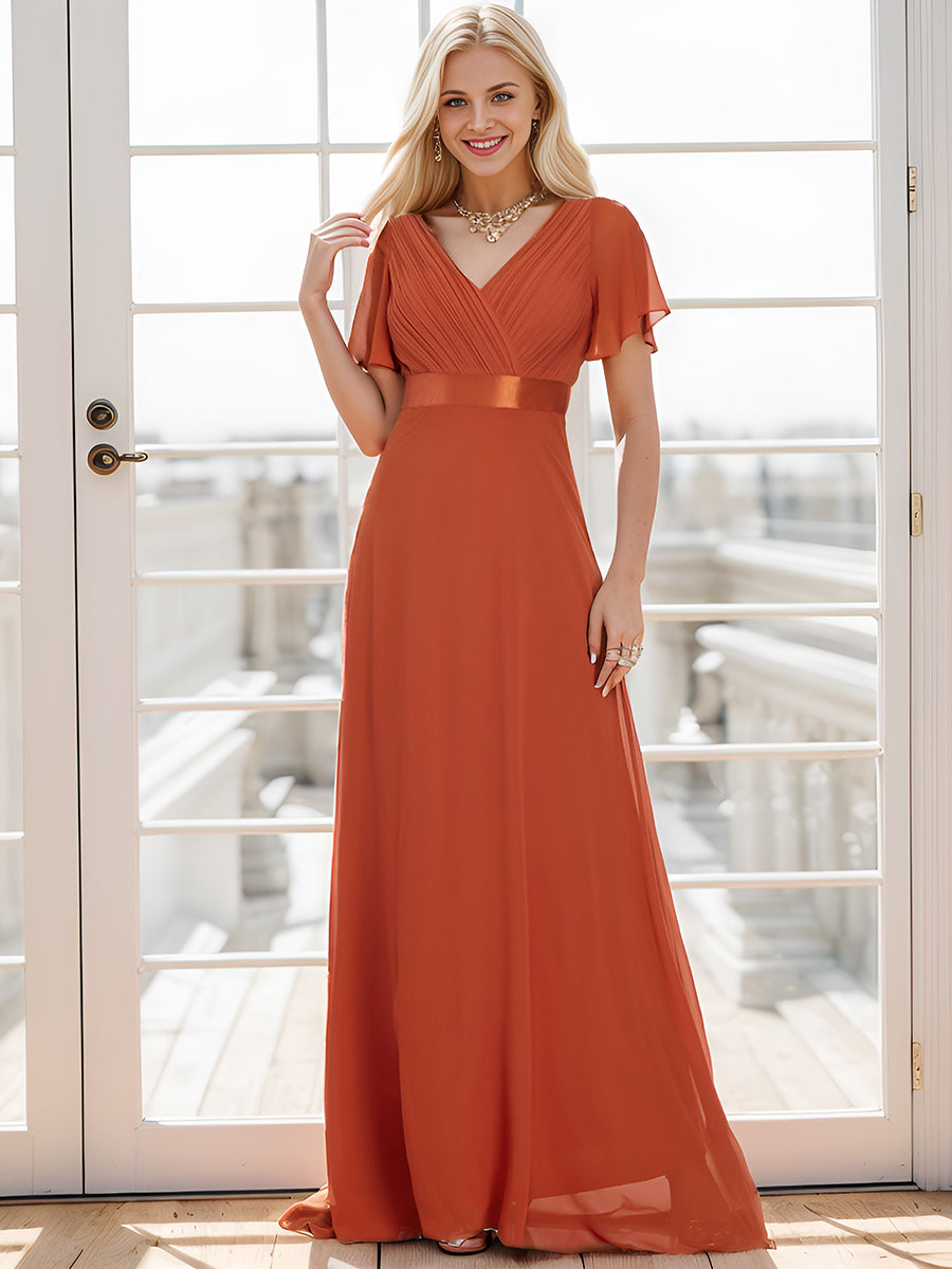Color=Burnt Orange | Commercial Wholesale Short Sleeve Ruffle V-Neck Pleated A-Line Floor Length Bridesmaid Dresses-Burnt Orange 2