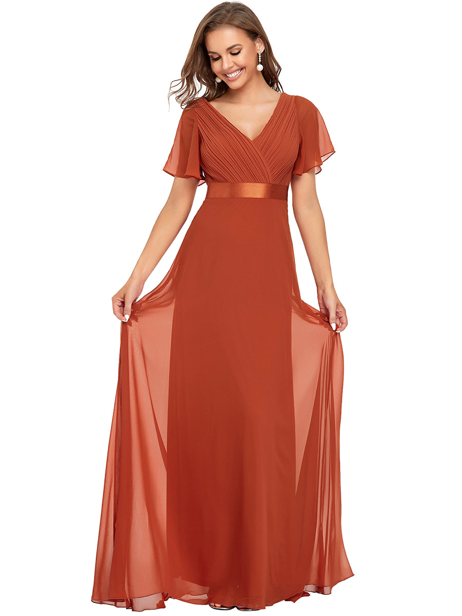 Color=Burnt Orange | Commercial Wholesale Short Sleeve Ruffle V-Neck Pleated A-Line Floor Length Bridesmaid Dresses-Burnt Orange 4