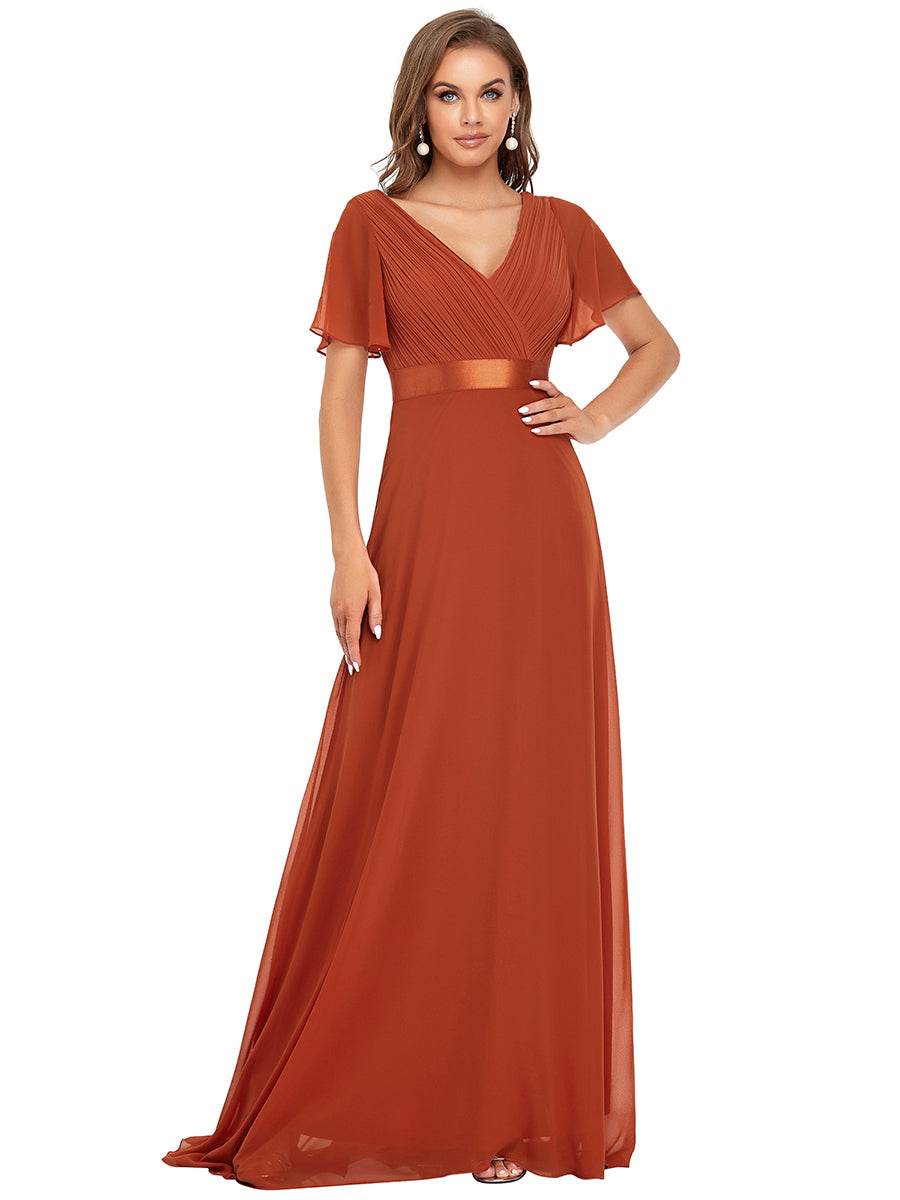 Color=Burnt Orange | Commercial Wholesale Short Sleeve Ruffle V-Neck Pleated A-Line Floor Length Bridesmaid Dresses-Burnt Orange 5