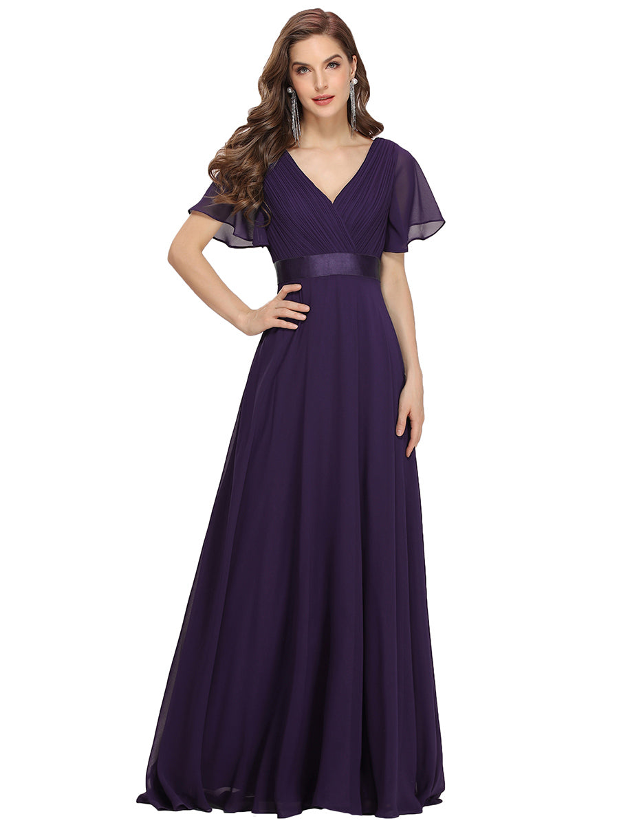 Color=Dark Purple | Commercial Wholesale Short Sleeve Ruffle V-Neck Pleated A-Line Floor Length Bridesmaid Dresses-Dark Purple 2