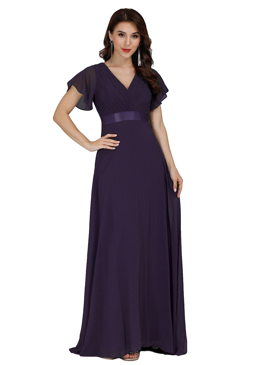 Color=Dark Purple | Commercial Wholesale Short Sleeve Ruffle V-Neck Pleated A-Line Floor Length Bridesmaid Dresses-Dark Purple 5