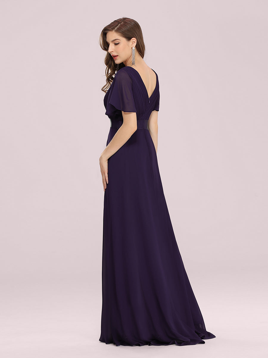Color=Dark Purple | Commercial Wholesale Short Sleeve Ruffle V-Neck Pleated A-Line Floor Length Bridesmaid Dresses-Dark Purple 3