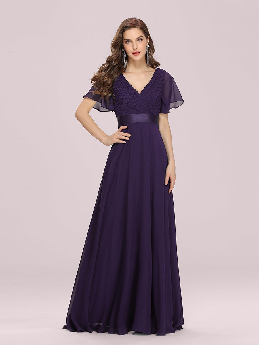 Color=Dark Purple | Commercial Wholesale Short Sleeve Ruffle V-Neck Pleated A-Line Floor Length Bridesmaid Dresses-Dark Purple 1