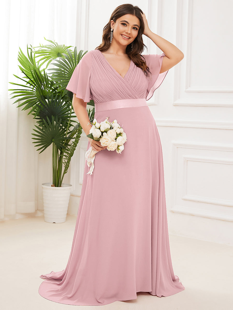 Double V-Neck Ruffles Padded Plus Size Wholesale Evening Dresses #Color_Dusty Rose