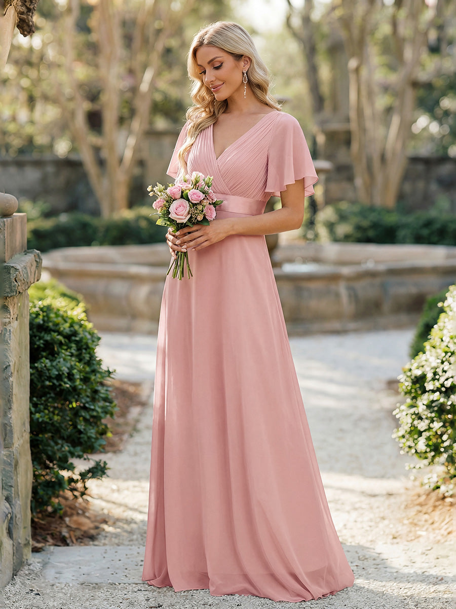 Color=Dusty Rose | Commercial Wholesale Short Sleeve Ruffle V-Neck Pleated A-Line Floor Length Bridesmaid Dresses-Dusty Rose 3