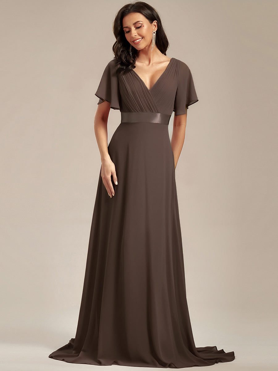 Color=Espresso | Commercial Wholesale Short Sleeve Ruffle V-Neck Pleated A-Line Floor Length Bridesmaid Dresses-Espresso 1