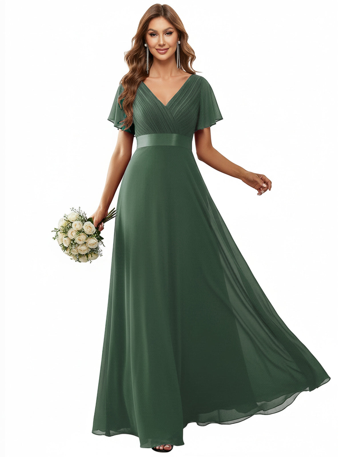 Color=Eucalyptus | Commercial Wholesale Short Sleeve Ruffle V-Neck Pleated A-Line Floor Length Bridesmaid Dresses-Eucalyptus 2