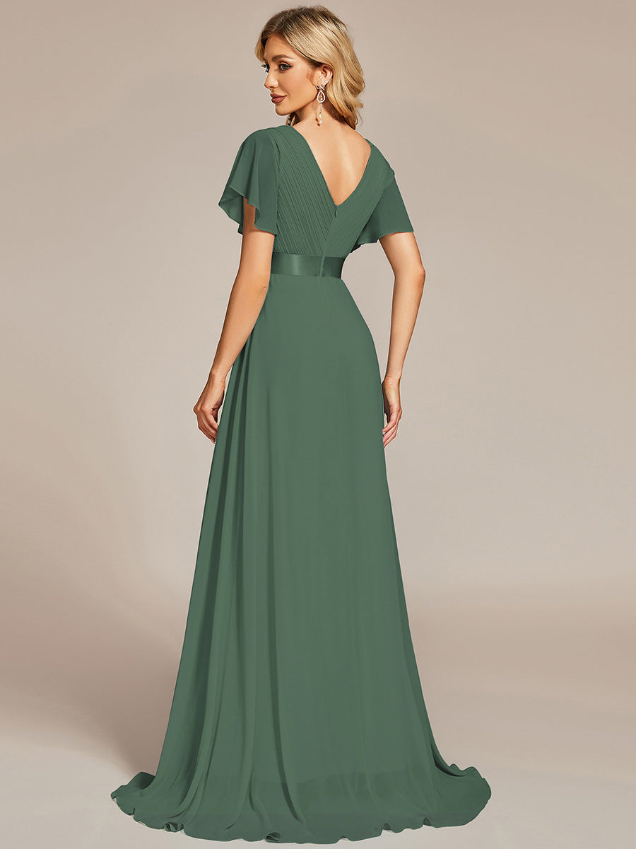 Color=Eucalyptus | Commercial Wholesale Short Sleeve Ruffle V-Neck Pleated A-Line Floor Length Bridesmaid Dresses-Eucalyptus 3