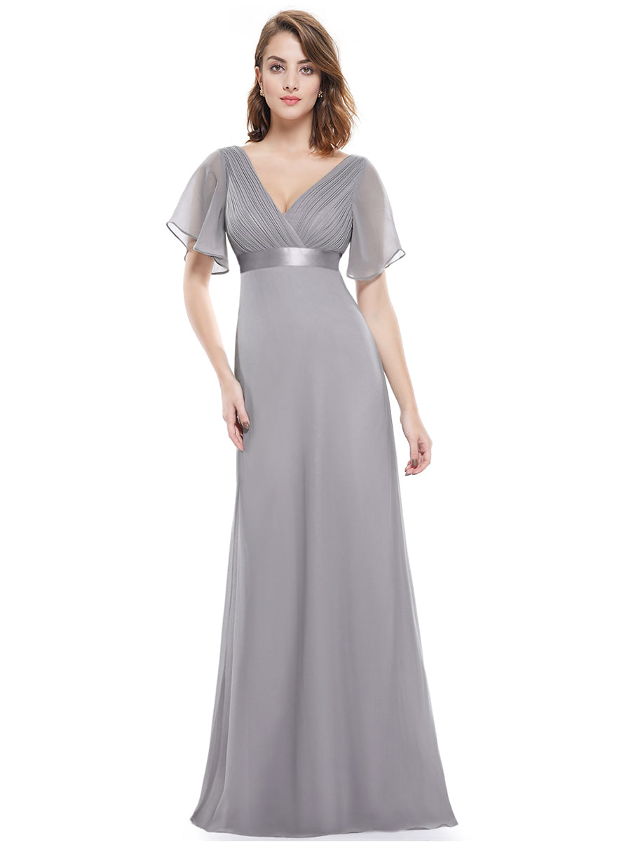 Color=Grey | Commercial Wholesale Short Sleeve Ruffle V-Neck Pleated A-Line Floor Length Bridesmaid Dresses-Grey 2