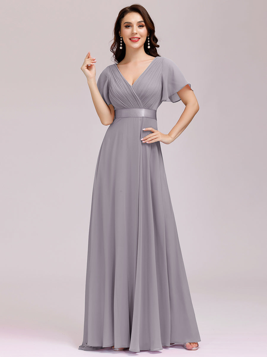 Color=Grey | Commercial Wholesale Short Sleeve Ruffle V-Neck Pleated A-Line Floor Length Bridesmaid Dresses-Grey 5