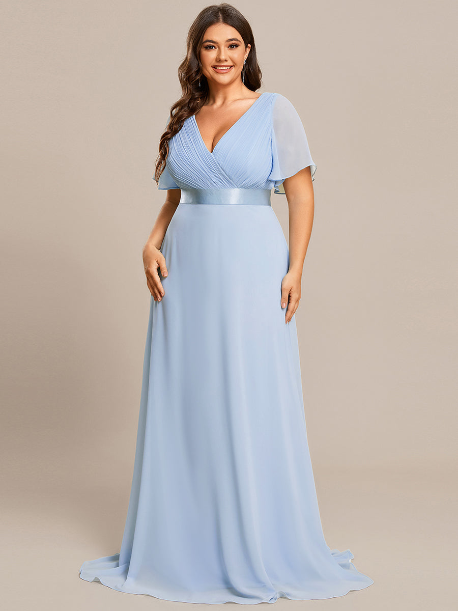 Double V-Neck Ruffles Padded Plus Size Wholesale Evening Dresses #Color_Ice Blue