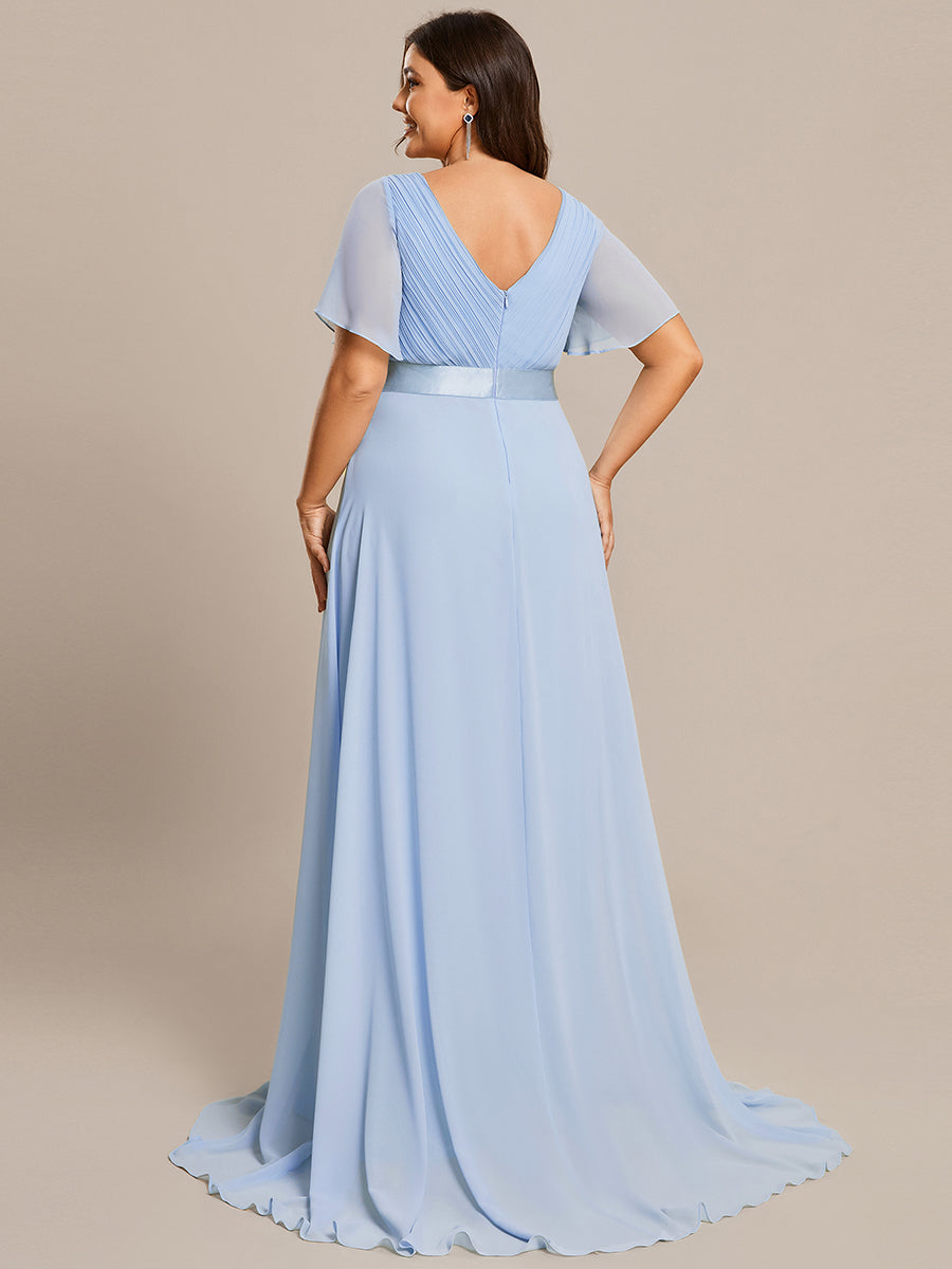 Double V-Neck Ruffles Padded Plus Size Wholesale Evening Dresses #Color_Ice Blue