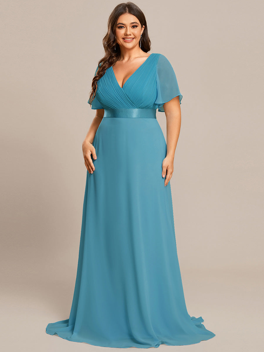 Double V-Neck Ruffles Padded Plus Size Wholesale Evening Dresses #Color_Jade Blue