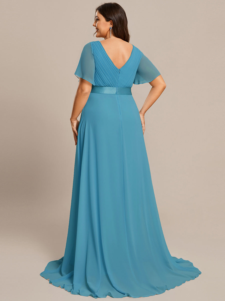 Double V-Neck Ruffles Padded Plus Size Wholesale Evening Dresses #Color_Jade Blue