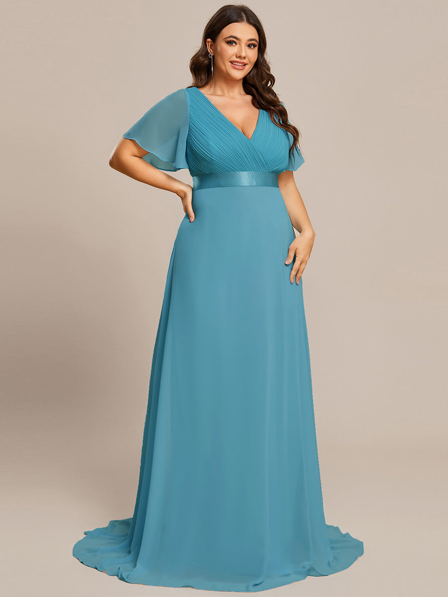 Double V-Neck Ruffles Padded Plus Size Wholesale Evening Dresses #Color_Jade Blue