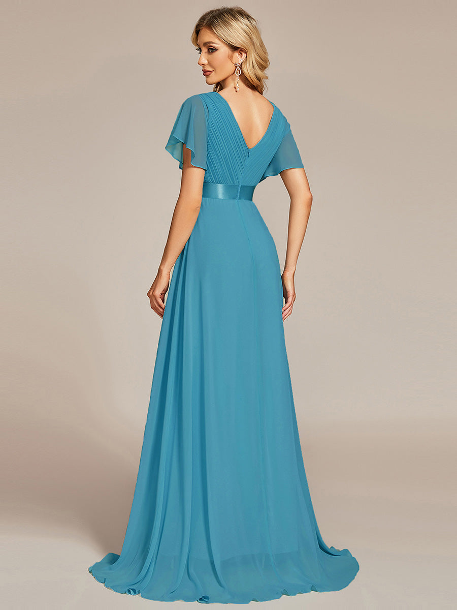 Glamorous Double V-Neck Ruffles Padded Wholesale Chiffon Evening Dresses#Color_Jade Blue