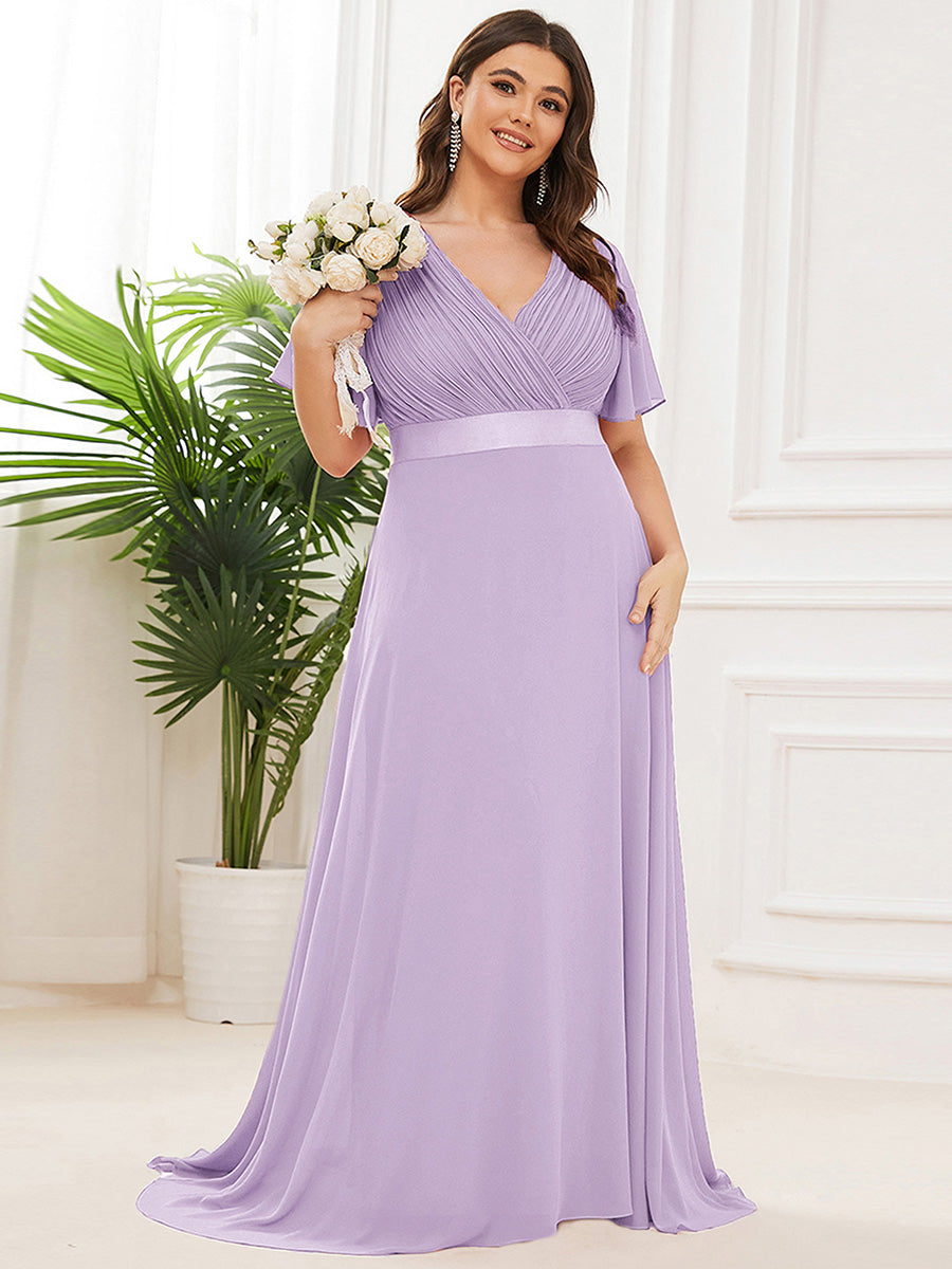 Double V-Neck Ruffles Padded Plus Size Wholesale Evening Dresses #Color_Lavender