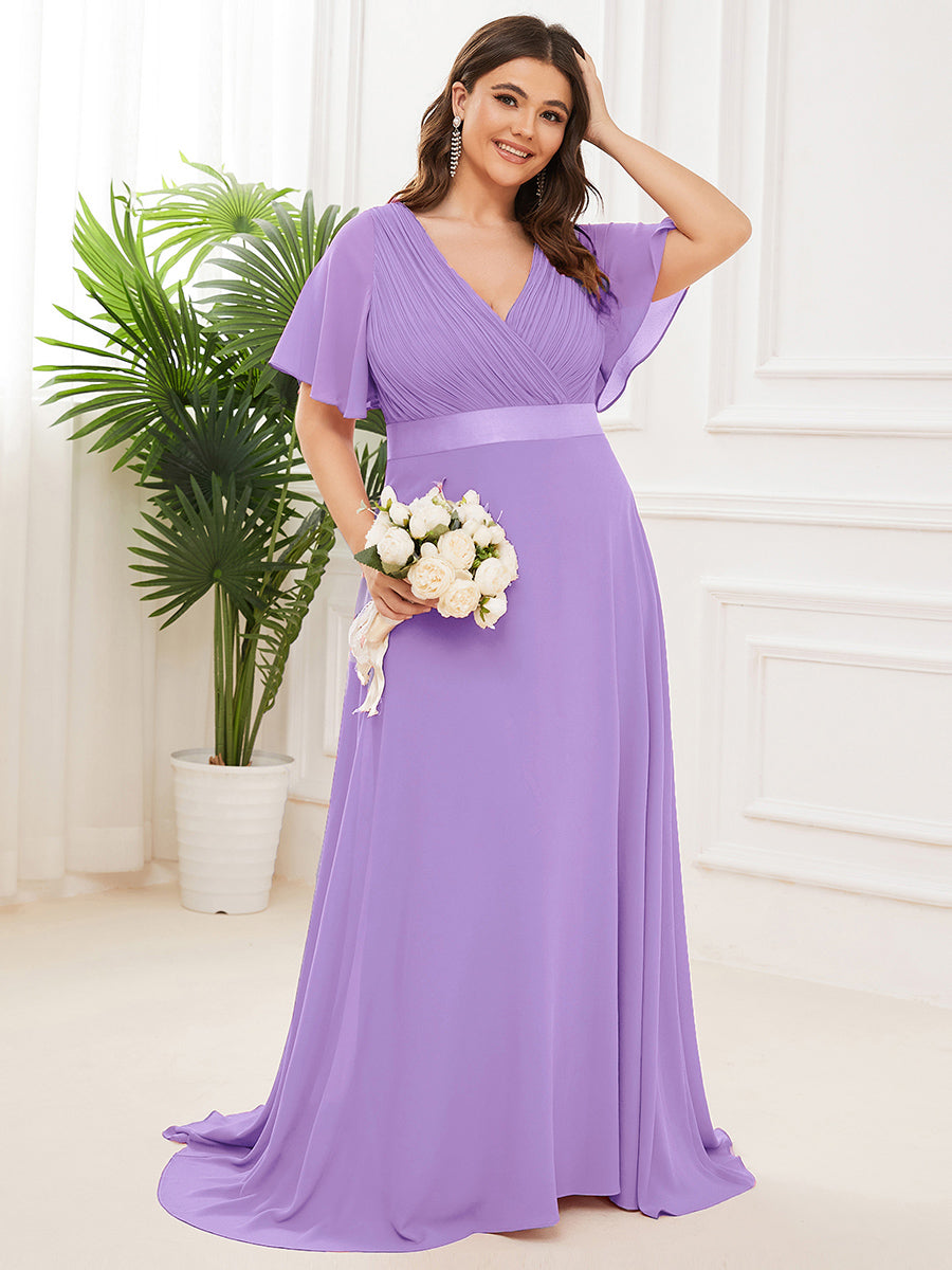 Double V-Neck Ruffles Padded Plus Size Wholesale Evening Dresses #Color_Lavender