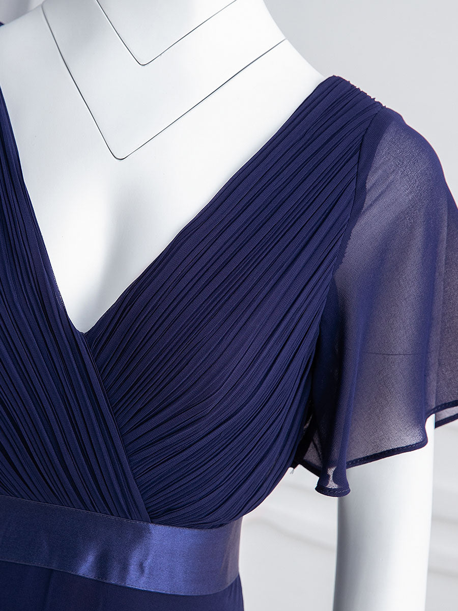 Color=Navy Blue | Commercial Wholesale Short Sleeve Ruffle V-Neck Pleated A-Line Floor Length Bridesmaid Dresses-Navy Blue 4