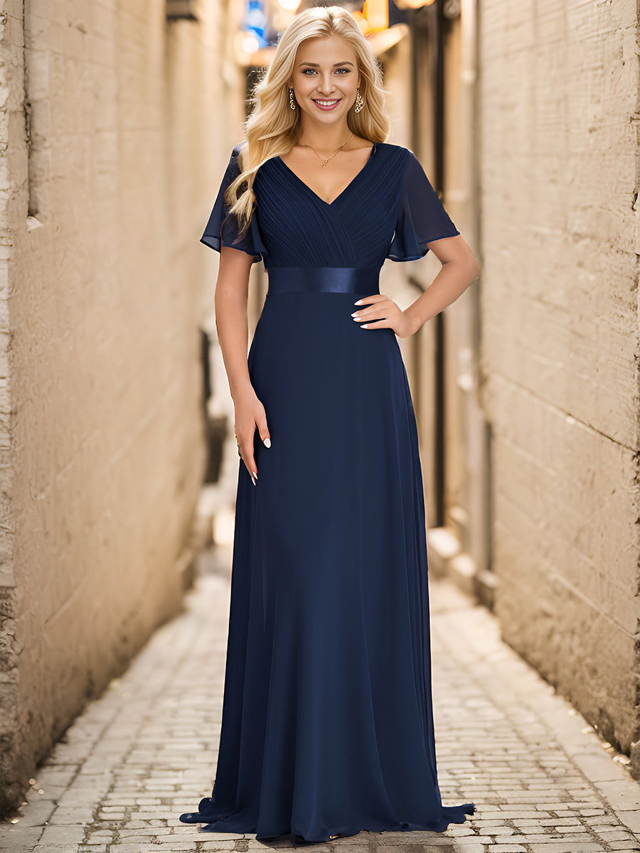 Color=Navy Blue | Commercial Wholesale Short Sleeve Ruffle V-Neck Pleated A-Line Floor Length Bridesmaid Dresses-Navy Blue 5