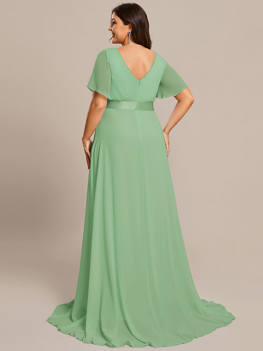 Double V-Neck Ruffles Padded Plus Size Wholesale Evening Dresses #Color_Sage Green