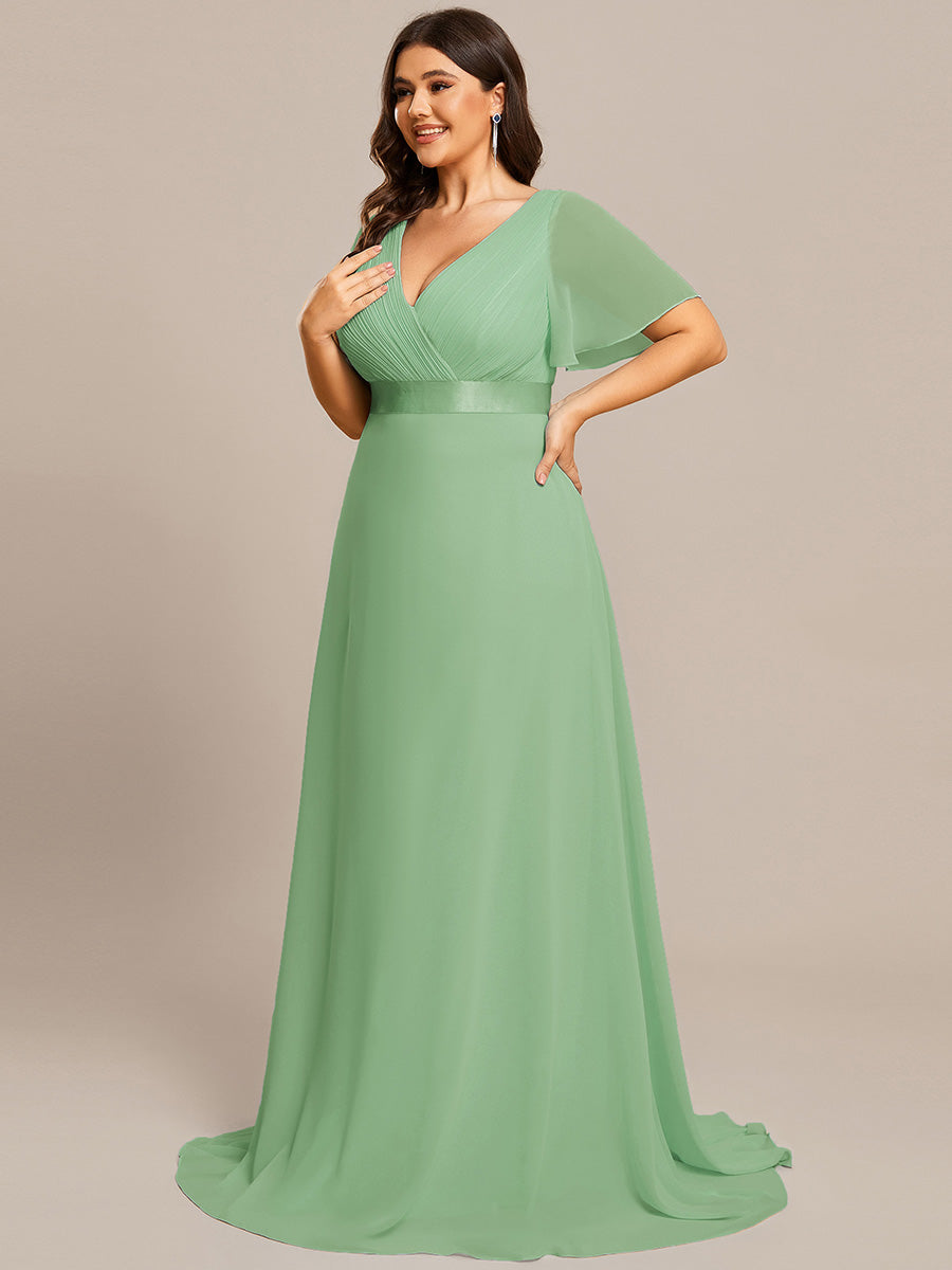 Double V-Neck Ruffles Padded Plus Size Wholesale Evening Dresses #Color_Sage Green