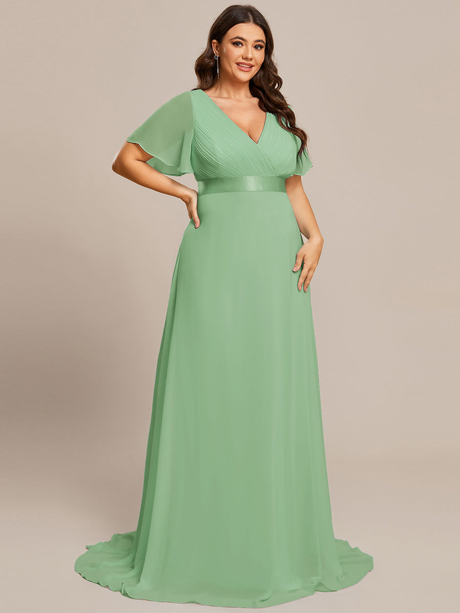 Double V-Neck Ruffles Padded Plus Size Wholesale Evening Dresses #Color_Sage Green