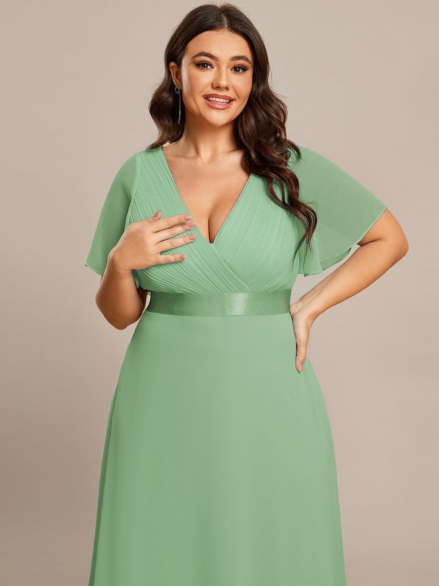 Double V-Neck Ruffles Padded Plus Size Wholesale Evening Dresses #Color_Sage Green