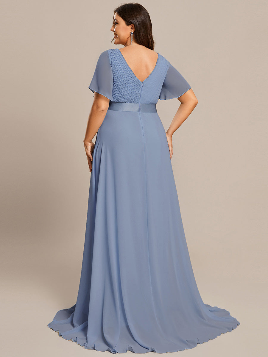 Double V-Neck Ruffles Padded Plus Size Wholesale Evening Dresses #Color_Slate Blue