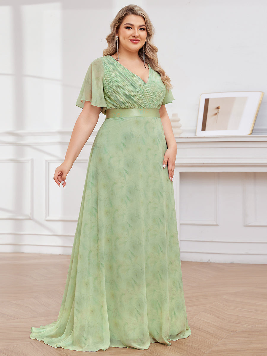 Double V-Neck Ruffles Padded Plus Size Wholesale Evening Dresses #Color_Light Green Roses