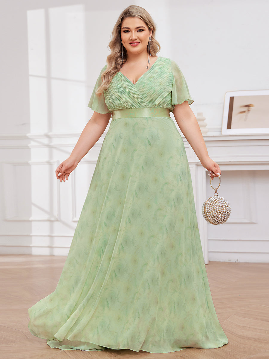 Double V-Neck Ruffles Padded Plus Size Wholesale Evening Dresses #Color_Light Green Roses