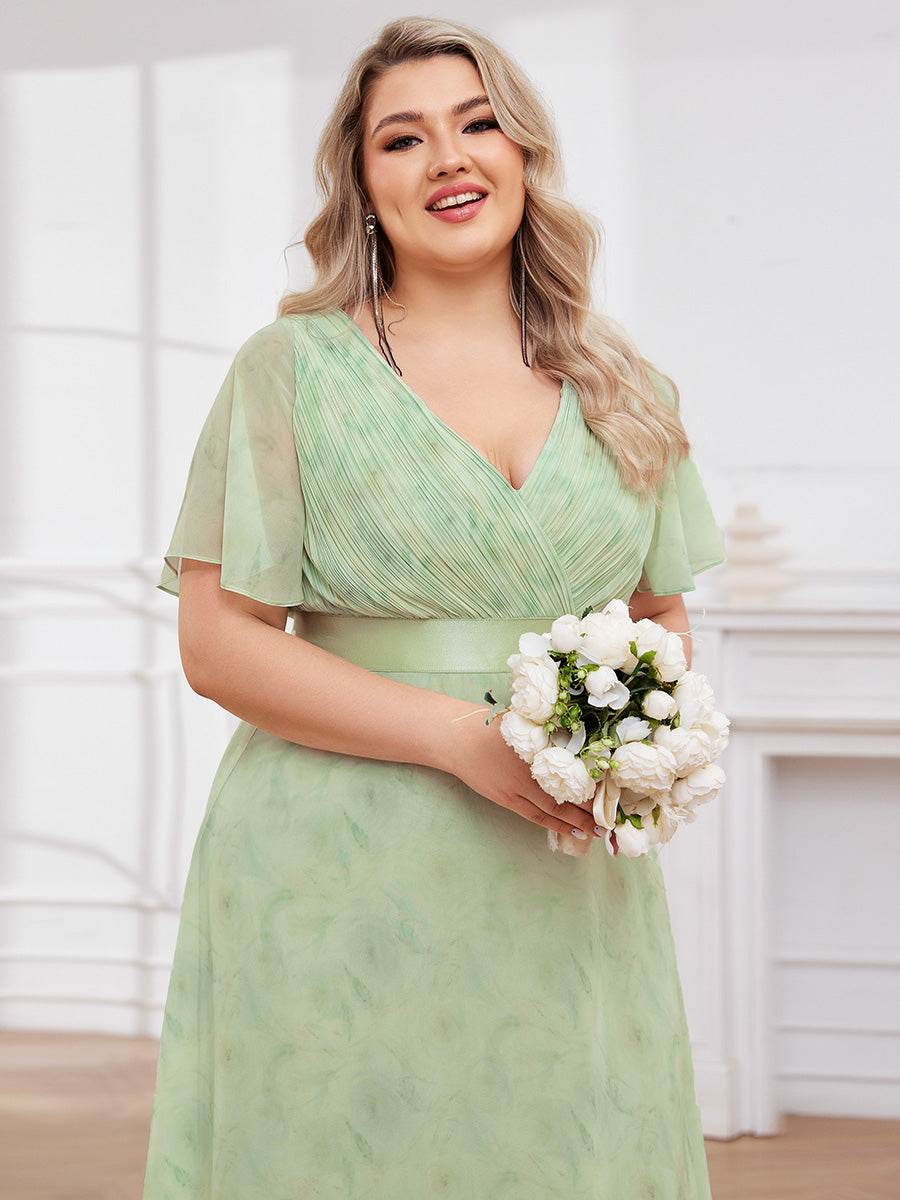 Double V-Neck Ruffles Padded Plus Size Wholesale Evening Dresses #Color_Light Green Roses