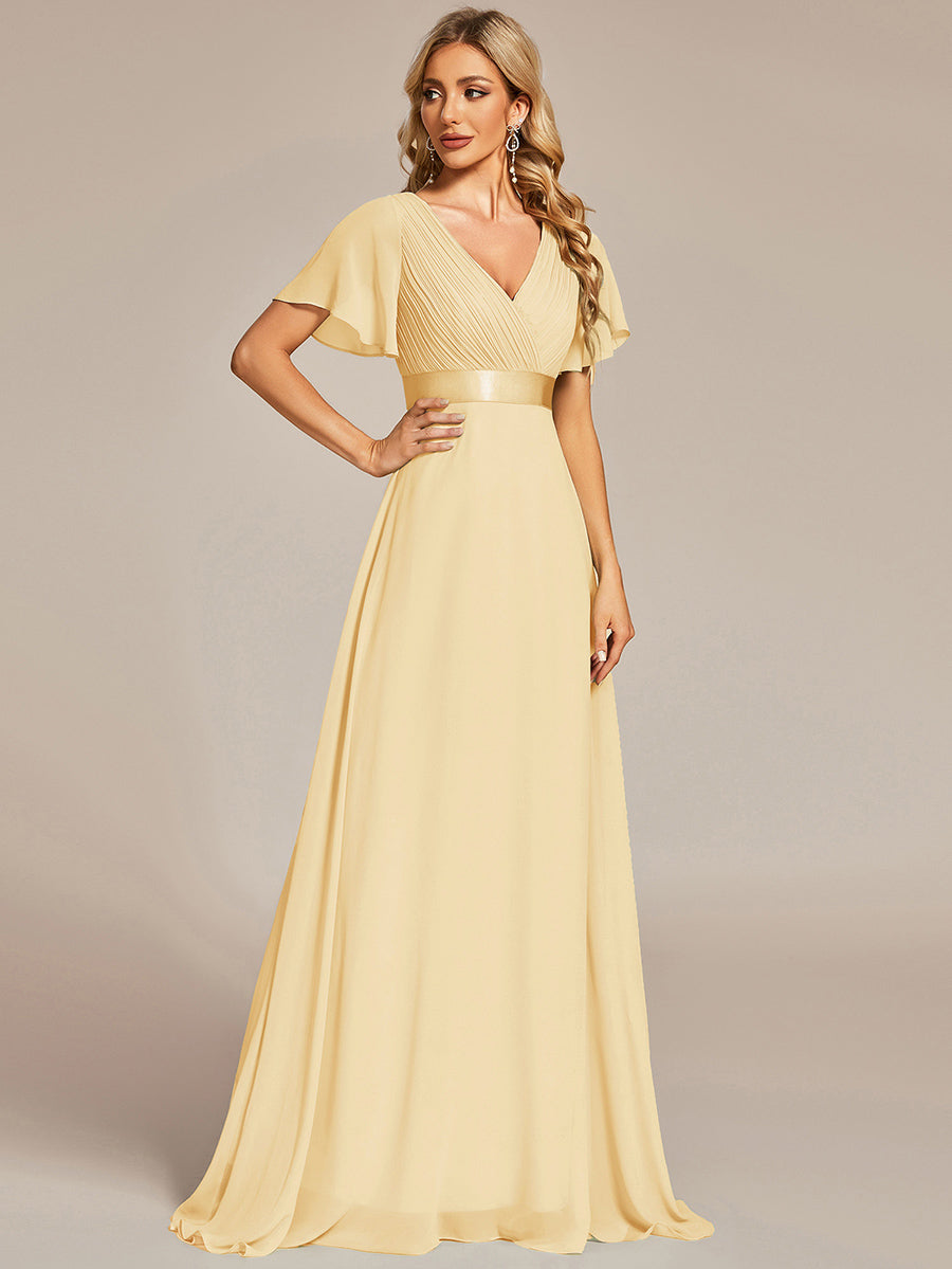 Color=Yellow | Commercial Wholesale Short Sleeve Ruffle V-Neck Pleated A-Line Floor Length Bridesmaid Dresses - Yellow 1