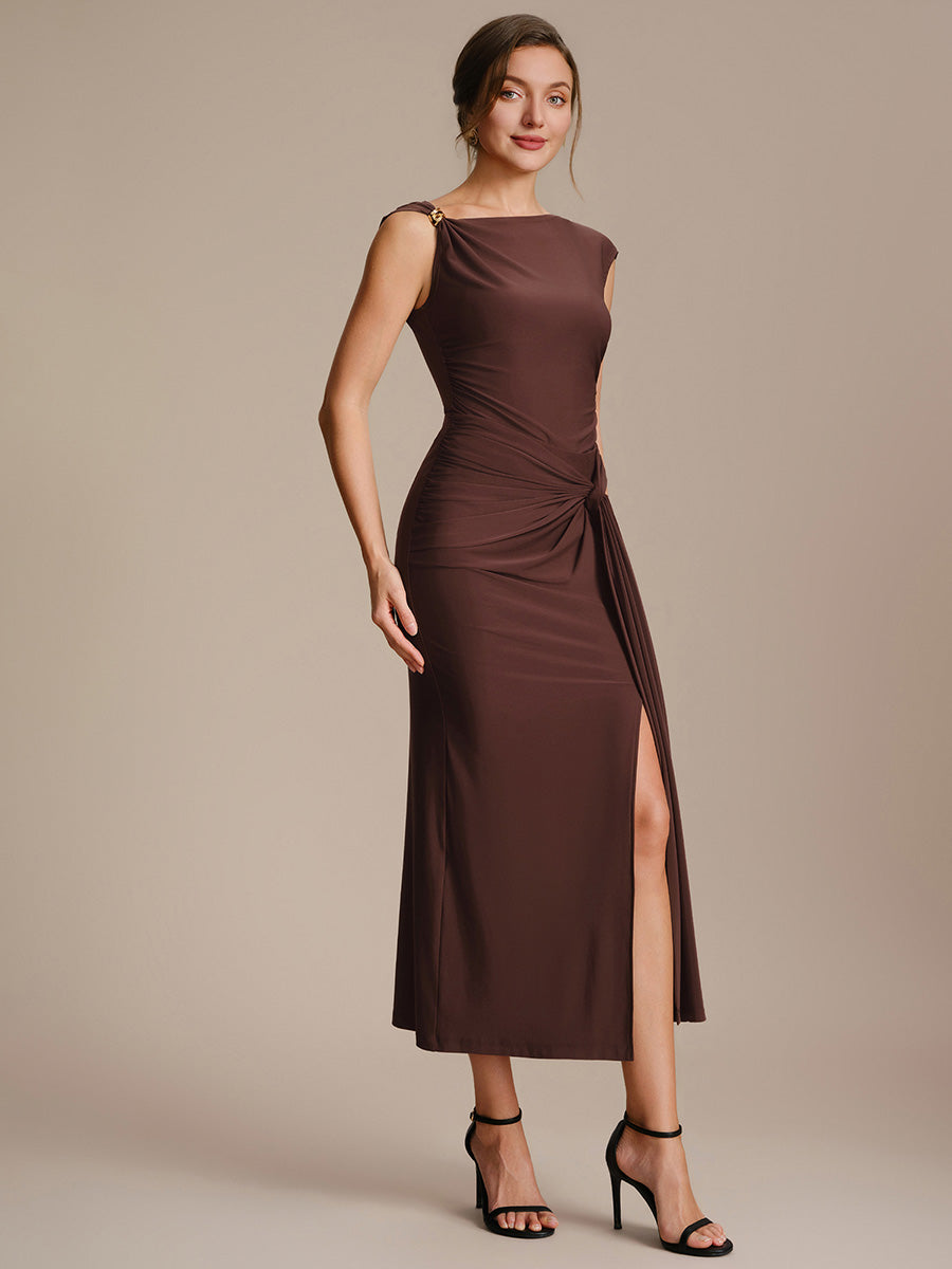 Color=Chocolate Brown | Factory Design High Stretch Bodycon Midi Dress with No Zipper and Sleeveless Design Skirts-Chocolate Brown 14