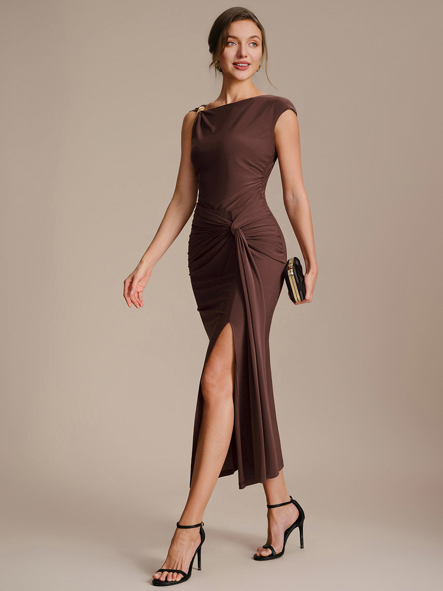 Color=Chocolate Brown | Factory Design High Stretch Bodycon Midi Dress with No Zipper and Sleeveless Design Skirts-Chocolate Brown 15
