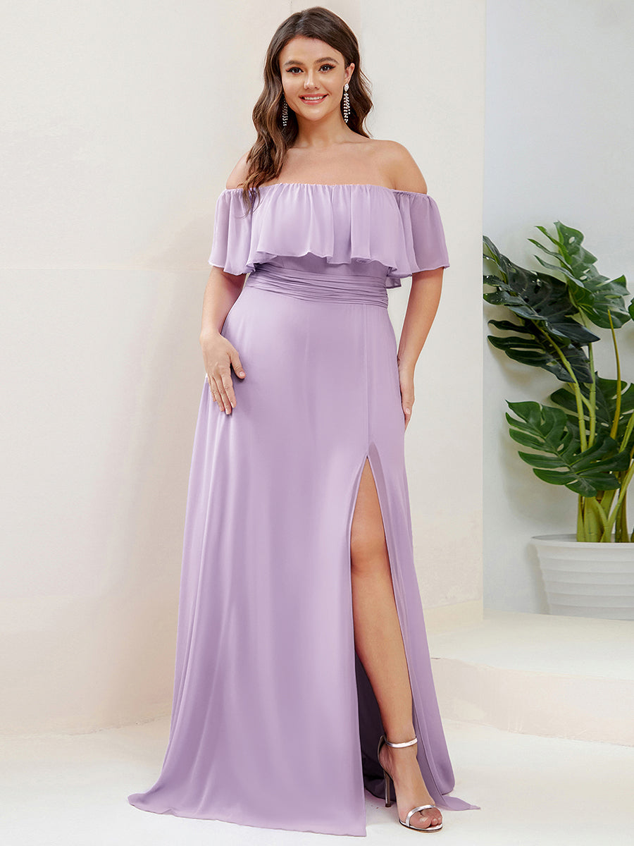 Color=Frosted Lilac | B2B-Exclusive Short Sleeve Off Shoulder Pleated A-Line Floor Length Bridesmaid Dresses-Frosted Lilac 6