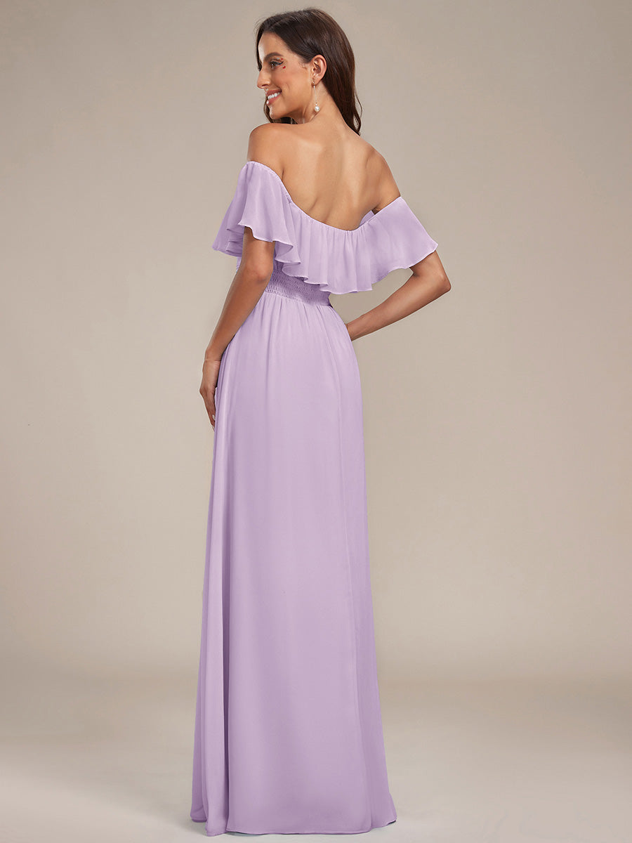 Color=Frosted Lilac | B2B-Exclusive Short Sleeve Off Shoulder Pleated A-Line Floor Length Bridesmaid Dresses-Frosted Lilac 2