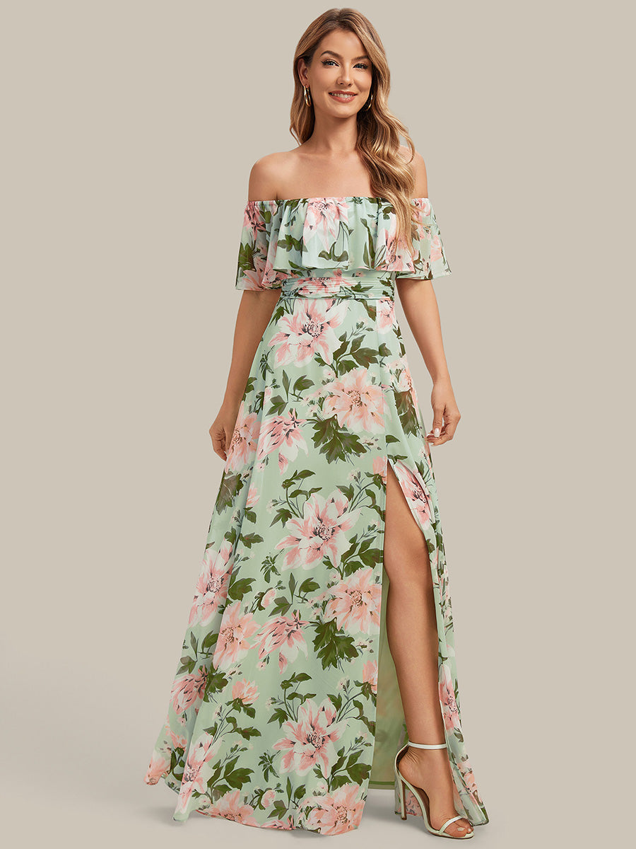 Color=Light Green Floral | Fast Delivery Short Sleeve Off Shoulder Pleated A-Line Floor Length Bridesmaid Dresses-Light Green Floral 11