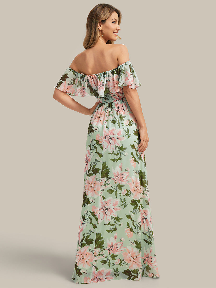 Color=Light Green Floral | Fast Delivery Short Sleeve Off Shoulder Pleated A-Line Floor Length Bridesmaid Dresses-Light Green Floral 12