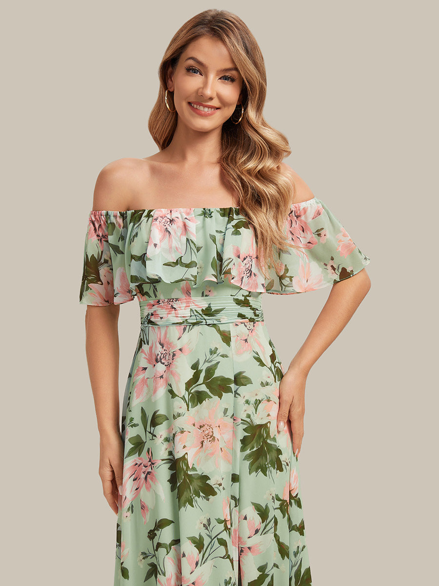 Color=Light Green Floral | Fast Delivery Short Sleeve Off Shoulder Pleated A-Line Floor Length Bridesmaid Dresses-Light Green Floral 13