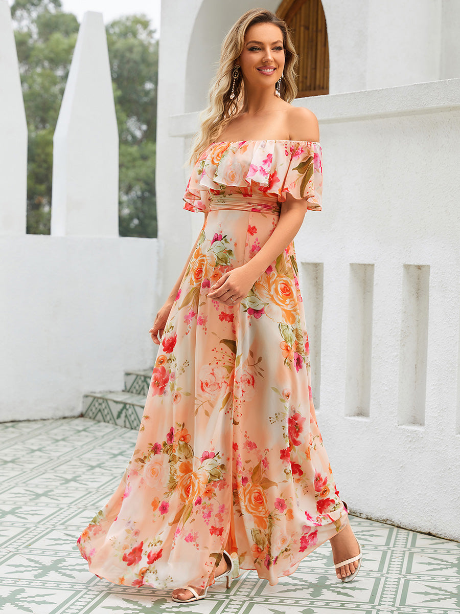Off Shoulder Ruffle Thigh Split Wholesale Bridesmaid Dresses