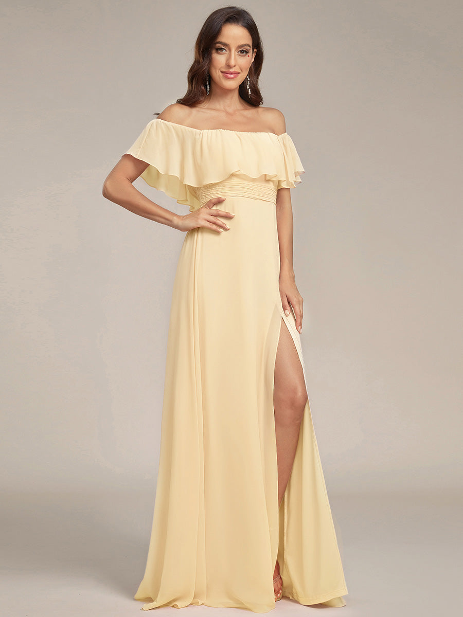 Color=Yellow | A-Line Off Shoulder Ruffle Thigh Split Bridesmaid Dress-Yellow 42