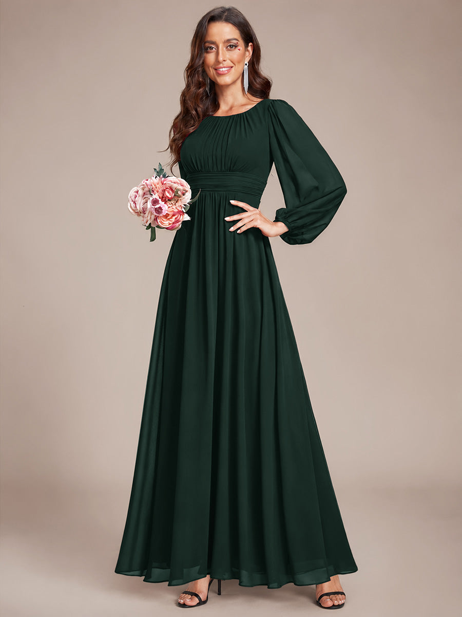 Color=Dark Forest Green | Round Neck Wholesale Bridesmaid Dresses with Long Lantern Sleeves - Dark Forest Green 1