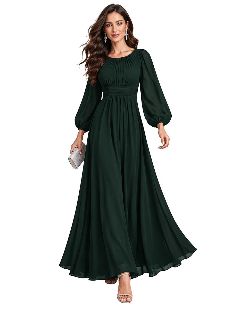 Color=Dark Forest Green | Round Neck Wholesale Bridesmaid Dresses with Long Lantern Sleeves - Dark Forest Green 2