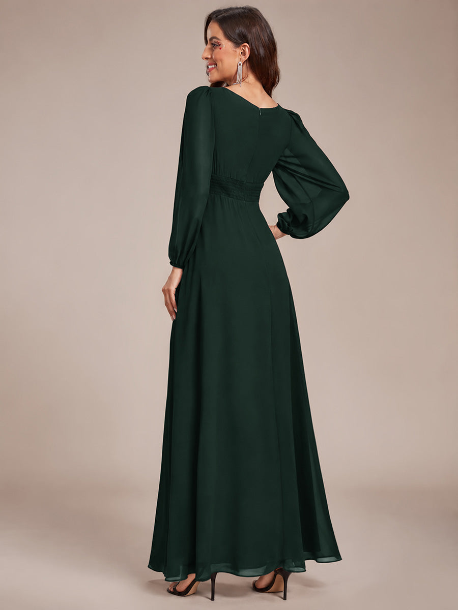 Color=Dark Forest Green | Round Neck Wholesale Bridesmaid Dresses with Long Lantern Sleeves - Dark Forest Green 3