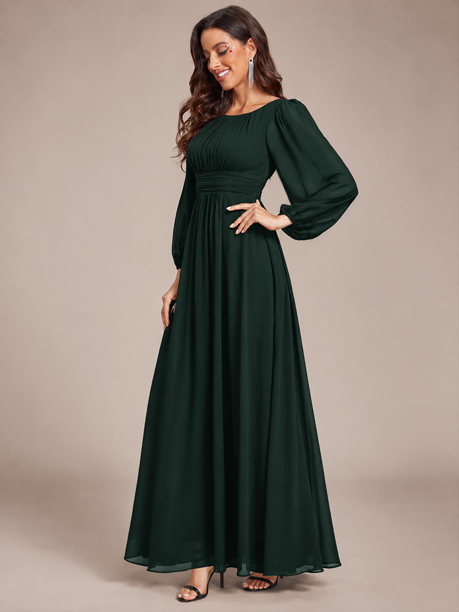 Color=Dark Forest Green | Round Neck Wholesale Bridesmaid Dresses with Long Lantern Sleeves - Dark Forest Green 4